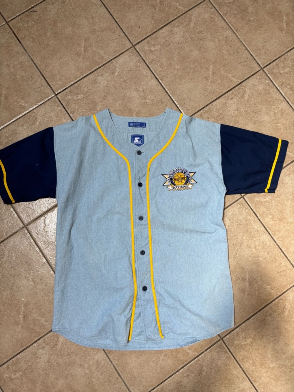 STARTER Light Blue Baseball Jersey with Navy Sleeves and Yellow Piping